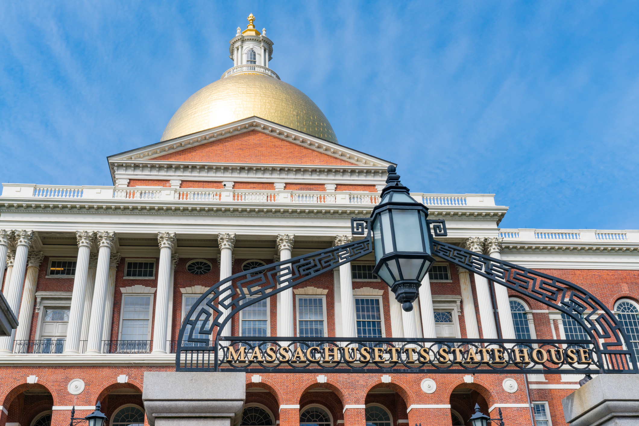 Facade of the Massachusetts State Capital building in Boston Massachusetts